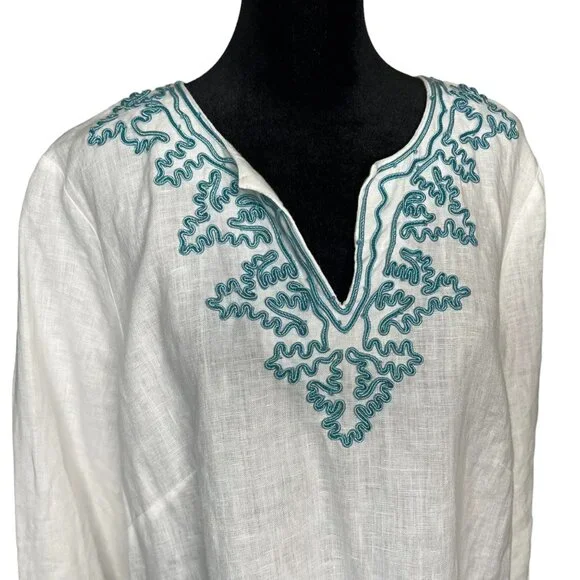 Madison Size XL Linen White Embroidered Trim Tunic Teal Split Neck Long Sleeve - Picture 5 of 8